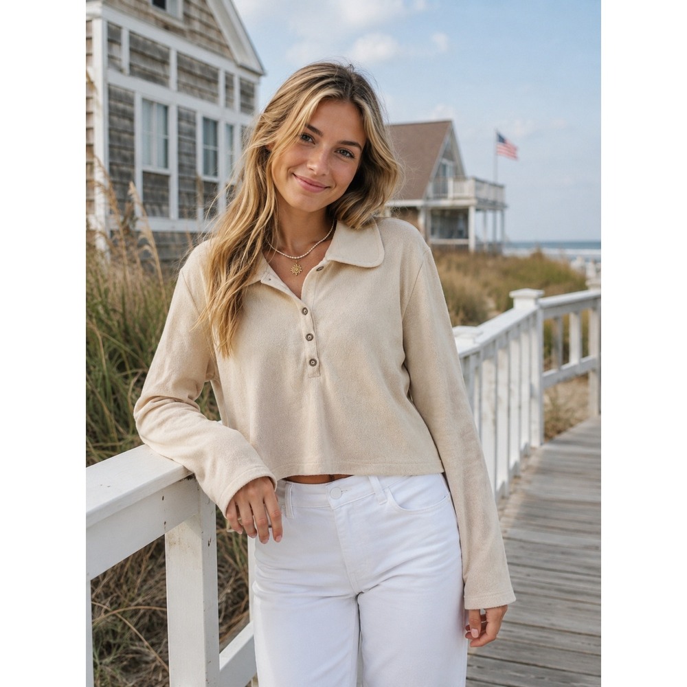 Beige Terrycloth Cropped Sweater Size 10 Coastal Preppy  Minimalist Summer